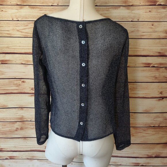 Mesh Button Back Boatneck Long Sleeve Blouse - Picture 2 of 7